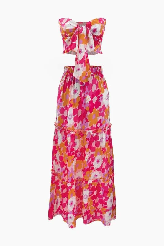 Floral Print Knot Tube Top And Frill Maxi Skirt Set