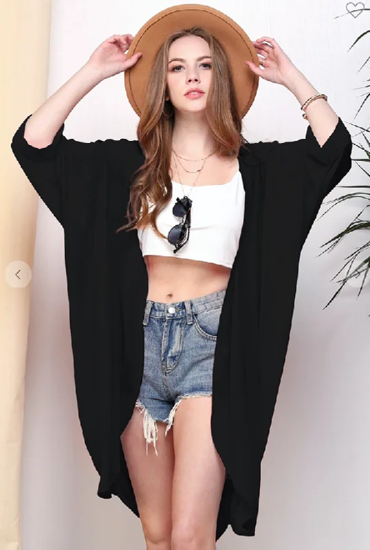 Half Sleeve Loose Fit Long Chiffon Kimono Cardigan